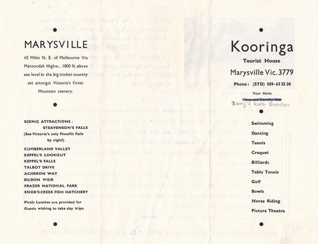 A brochure outlining the accommodation, facilities and local activities available to guests staying at Kooringa Tourist House in Marysville.