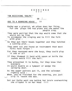 A copy of a poem written for Kathy Brenton who, alongside her husband Barry, at one stage, owned and operated Kooringa Tourist House in Marysville.