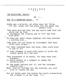A copy of a poem written for Kathy Brenton who, alongside her husband Barry, at one stage, owned and operated Kooringa Tourist House in Marysville.