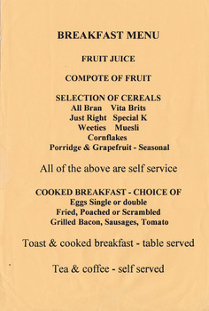 A breakfast menu from Kooringa Resort and Conference Centre in Marysville.