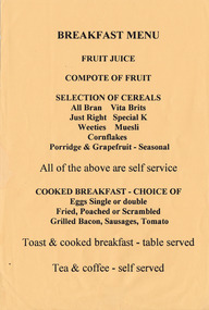 A breakfast menu from Kooringa Resort and Conference Centre in Marysville.