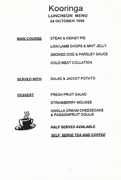A luncheon menu from Kooringa Resort and Conference Centre in Marysville. The menu is dated from 24th October 1995.