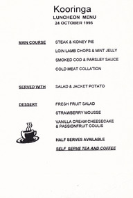 A luncheon menu from Kooringa Resort and Conference Centre in Marysville. The menu is dated from 24th October 1995.