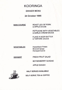 A dinner menu from Kooringa Resort and Conference Centre in Marysville. The menu is dated from 24th October 1995.