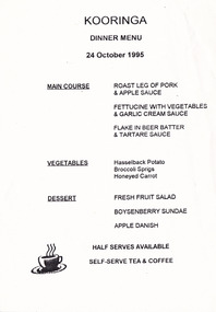 A dinner menu from Kooringa Resort and Conference Centre in Marysville. The menu is dated from 24th October 1995.