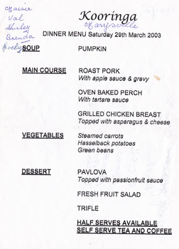A dinner menu from Kooringa Resort and Conference Centre in Marysville. The menu is dated from 29th March 2003.