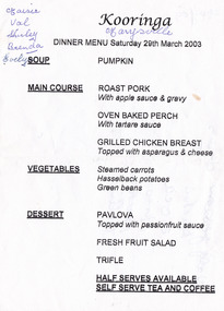A dinner menu from Kooringa Resort and Conference Centre in Marysville. The menu is dated from 29th March 2003.