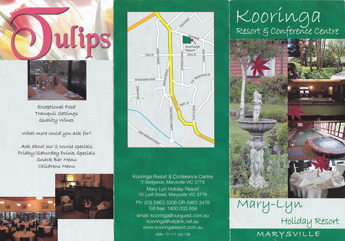 A brochure outlining the accommodation and facilities available to guests at the Kooringa Resort and Conference Centre in Marysville.
