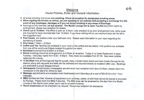 A digital copy of the house policies, rules and general information for guests staying at Kooringa Resort and Conference Centre.
