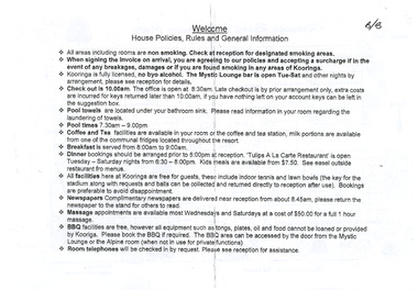 A digital copy of the house policies, rules and general information for guests staying at Kooringa Resort and Conference Centre.