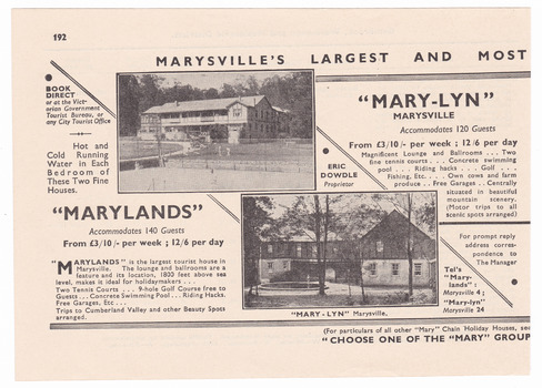 Advertisements for the Mary Chain of Guest Houses in Marysville which were taken from a Broadbent's accommodation guide. The guest houses were built in the depression years by Eric Dowdle.
