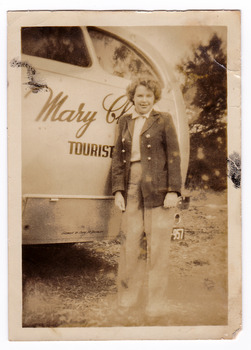 A black and white photograph of the Mary Chain tourist bus. The Mary Chain Guesthouses were built in the depression years by Eric Dowdle.