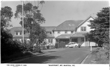 A digital copy of a black and white postcard from Maryport guest house in Mount Martha. Maryport was a part of the Mary Chain of guest houses built by Eric Dowdle in the Depression years. The postcard was produced by the Rose Stereograph Company as a souvenir of Mount Martha.