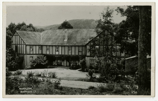 A black and white postcard from Mary-Lyn Guest House in Marysville. Mary-Lyn was a part of the Mary Chain of guest houses built by Eric Dowdle in the Depression years. The postcard was produced by Valentine Publishing Co. Pty. Ltd. as a souvenir of Marysville. On the reverse of the postcard is a space to write a message and to place a postage stamp. The postcard is unused.