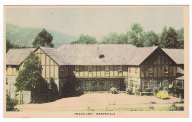 A colour postcard from the Mary-Lyn Guest House in Marysville. Mary-Lyn was part of the Mary Chain of guest houses built by Eric Dowdle in the Depression years. The postcard was produced by Nucolorvue Productions as a souvenir of Marysville. On the reverse of the postcard is a space to write a message and an address and to place a postage stamp. The postcard is unused.
