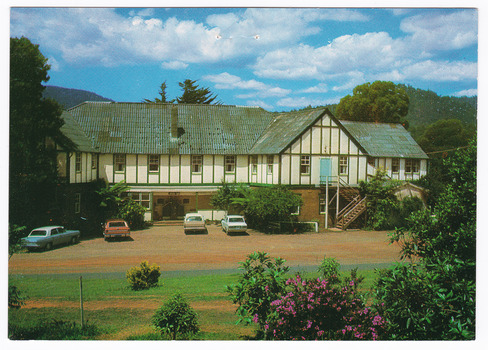 A colour postcard from Mary-Lyn Guest House in Marysville. Mary-Lyn was a part of the Mary Chain of guest houses built by Eric Dowdle in the Depression years. The postcard was produced by the Rose Stereograph Company as a souvenir of Marysville. On the reverse is a space to write a message and an address and to place a postage stamp. The postcard is unused.