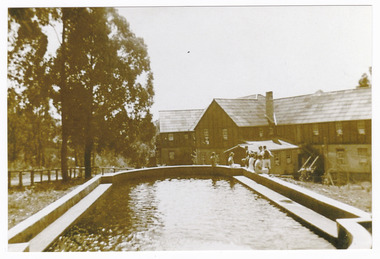A copy of a black and white photograph taken at Mary-Lyn Guest House in Marysville. Mary Lyn was a part of the Mary Chain of guest houses built by Eric Dowdle in the Depression years. The original photograph was taken in January 1940 and shows a view of the swimming pool at Mary-Lyn.