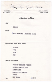 A luncheon menu from Mary-Lyn Guest House in Marysville. Mary-Lyn was a part of the Mary Chain of guest houses built by Eric Dowdle during the Depression years.