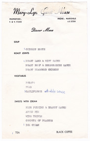 A dinner menu from Mary-Lyn Guest House in Marysville. Mary-Lyn was a part of the Mary Chain of guest houses built by Eric Dowdle during the Depression years.
