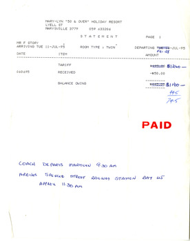 A statement of payment from a guest staying at Mary-Lyn Guest House in Marysville. Mary-Lyn was a part of the Mary Chain of guest houses built by Eric Dowdle during the Depression years. During the 1980s Mary-Lyn Guest House became a '50 & Over' Holiday Resort. This statement is for a guest staying from Tuesday 11th July until Friday 28th July 1995.