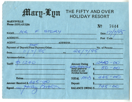 A receipt issued by Mary-Lyn Guest House in Marysville for payment for the cost of accommodation. Mary-Lyn was a part of the Mary Chain of guest houses built by Eric Dowdle during the Depression years. The receipt was issued on July 17 1995.