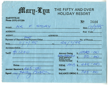 A receipt issued by Mary-Lyn Guest House in Marysville for payment for the cost of accommodation. Mary-Lyn was a part of the Mary Chain of guest houses built by Eric Dowdle during the Depression years. The receipt was issued on July 17 1995.