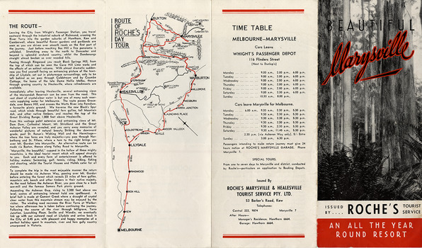 A brochure outlining the various attractions available to tourists to Marysville whilst on a day trip from Melbourne. The brochure also lists the various guest houses served by Roche's Tourist Service from Kew, who produced the brochure.