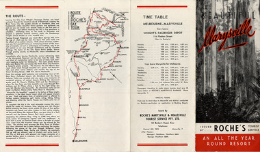 A brochure outlining the various attractions available to tourists to Marysville whilst on a day trip from Melbourne. The brochure also lists the various guest houses served by Roche's Tourist Service from Kew, who produced the brochure.