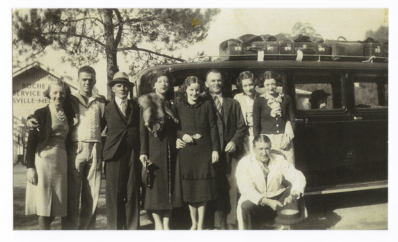A copy of a black and white photograph of a group of couples all on a visit to Marysville for their honeymoons. The original photograph was taken in April 1938 and was the chance first meeting of the honeymooners which blossomed into life-long friendships amongst the couples.