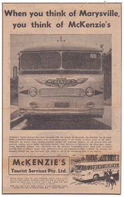A newspaper advertisement for McKenzie's Tourist Services Pty. Ltd. McKenzie's were associated with the growth of Marysville as a tourist destination.
