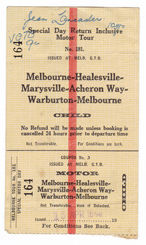 A ticket stub for a day trip from Melbourne via Healesville, Marysville, the Acheron Way, Warburton and returning to Melbourne. The ticket was for a child and was issued on the 15th of April 1948.