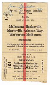 A ticket stub for a day trip from Melbourne via Healesville, Marysville, the Acheron Way, Warburton and returning to Melbourne. The ticket was for a child and was issued on the 15th of April 1948.