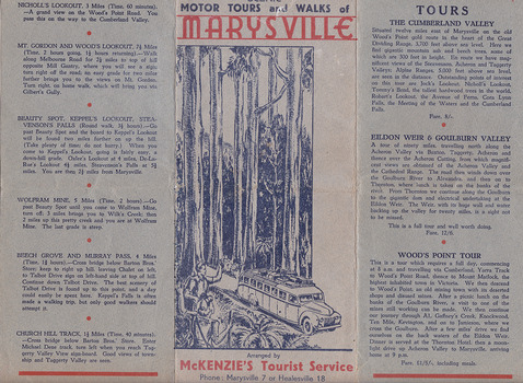 A brochure outlining the various scenic tours and walks available to tourists in and around Marysville and the region. The brochure was produced by McKenzie's Tourist Services for tours arranged by them.