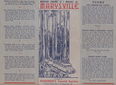 A brochure outlining the various scenic tours and walks available to tourists in and around Marysville and the region. The brochure was produced by McKenzie's Tourist Services for tours arranged by them.