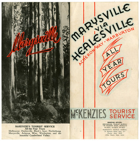 A brochure outlining the route from Melbourne via Healesville to Marysville and then returning to Melbourne. The brochure was produced by McKenzie's Tourist Service.