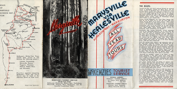 A brochure outlining the route from Melbourne via Healesville to Marysville and then returning to Melbourne. The brochure was produced by McKenzie's Tourist Service.
