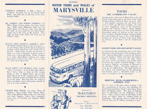 A brochure outlining the various scenic tours and walks available to tourists in and around Marysville and the region. The brochure was produced by McKenzie's Tourist Services for tours arranged by them.