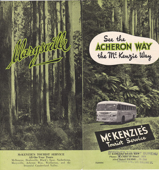 A brochure outlining the route from Melbourne via Healesville to Marysville and then returning to Melbourne. The brochure was produced by McKenzie's Tourist Service.