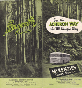 A brochure outlining the route from Melbourne via Healesville to Marysville and then returning to Melbourne. The brochure was produced by McKenzie's Tourist Service.