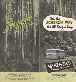 A brochure outlining the route from Melbourne via Healesville to Marysville and then returning to Melbourne. The brochure was produced by McKenzie's Tourist Service.