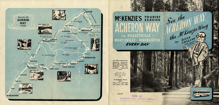 A brochure outlining the route from Melbourne via Healesville to Marysville and then returning to Melbourne. The brochure was produced by McKenzie's Tourist Service.