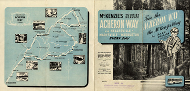 A brochure outlining the route from Melbourne via Healesville to Marysville and then returning to Melbourne. The brochure was produced by McKenzie's Tourist Service.