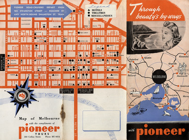 A tourist brochure outlining various sightseeing excursions available to tourists throughout Victoria, including one to Marysville and the Acheron Way. The brochure was produced by Pioneer Tours and includes a map of the city of Melbourne.