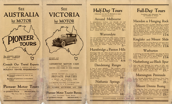 A brochure outlining various sightseeing tours of Victoria through Pioneer Motor Tours including some in and around Marysville and the region. The brochure was produced by the Pioneer Motor Tourist Bureau in Melbourne.