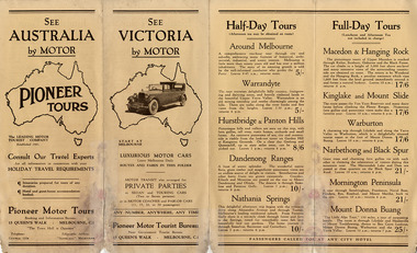 A brochure outlining various sightseeing tours of Victoria through Pioneer Motor Tours including some in and around Marysville and the region. The brochure was produced by the Pioneer Motor Tourist Bureau in Melbourne.