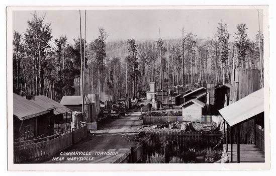 An early black and white postcard of the township of Cambarville near Marysville in Victoria. Cambarville was established as a timber mill town in the 1940s. Timber mill owners A. Cameron and F.J. Barton named Cambarville. They established the mill to salvage timber from trees destroyed in the 1939 bushfires. Cambarville was impacted by the 2009 Black Saturday bushfires and any remaining structures were destroyed. This postcard was produced by Valentine's Publishing Co as a souvenir of Marysville. On the reverse of the postcard is a space to write a message and an address and to place a postage stamp. The postcard is unused.