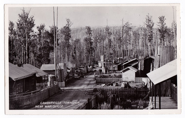 An early black and white postcard of the township of Cambarville near Marysville in Victoria. Cambarville was established as a timber mill town in the 1940s. Timber mill owners A. Cameron and F.J. Barton named Cambarville. They established the mill to salvage timber from trees destroyed in the 1939 bushfires. Cambarville was impacted by the 2009 Black Saturday bushfires and any remaining structures were destroyed. This postcard was produced by Valentine's Publishing Co as a souvenir of Marysville. On the reverse of the postcard is a space to write a message and an address and to place a postage stamp. The postcard is unused.