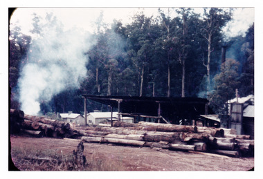 A copy of a colour photograph of the Cambarville timber mill in Victoria. Cambarville was established as a timber mill town in the 1940s. Timber mill owners A. Cameron and F.J. Barton named Cambarville. They established the mill to salvage timber from trees destroyed in the 1939 bushfires. Cambarville was impacted by the 2009 Black Saturday bushfires and any remaining structures were destroyed. The original photograph was taken in 1957.