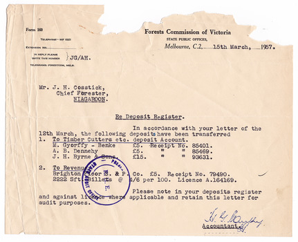 A typed letter from the Accountant at the Forests Commission of Victoria to Mr. J.H. Cosstick, Chief Officer, Niagaroon. The letter is regarding the transfer of 3 deposits have been transferred between a timber cutters account and to the revenue account. The deposits were for licences to collect timber. The letter is dated March 15th 1957.