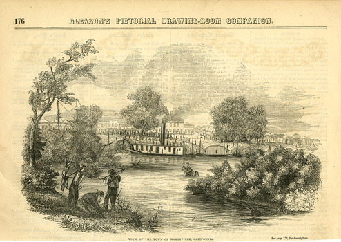A print from an etching of the view of Marysville in California. The page has been removed from a book. Marysville is a city in and the county seat of Yuba County, California, United States, located in the Gold Country region of Northern California.